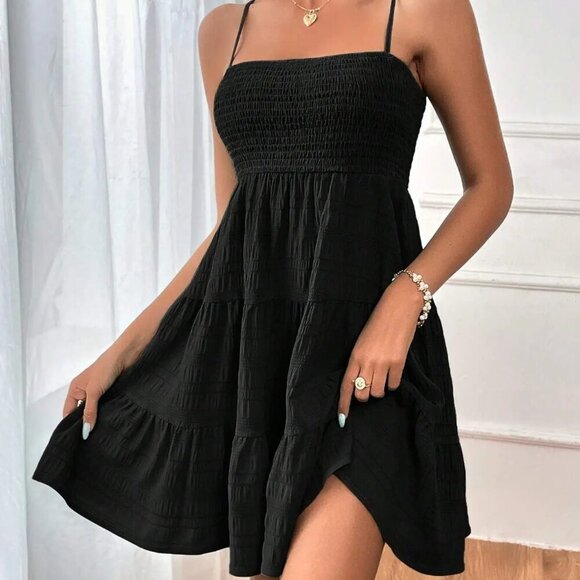 Black Spaghetti Strap Smocked Sundress - Picture 1 of 3